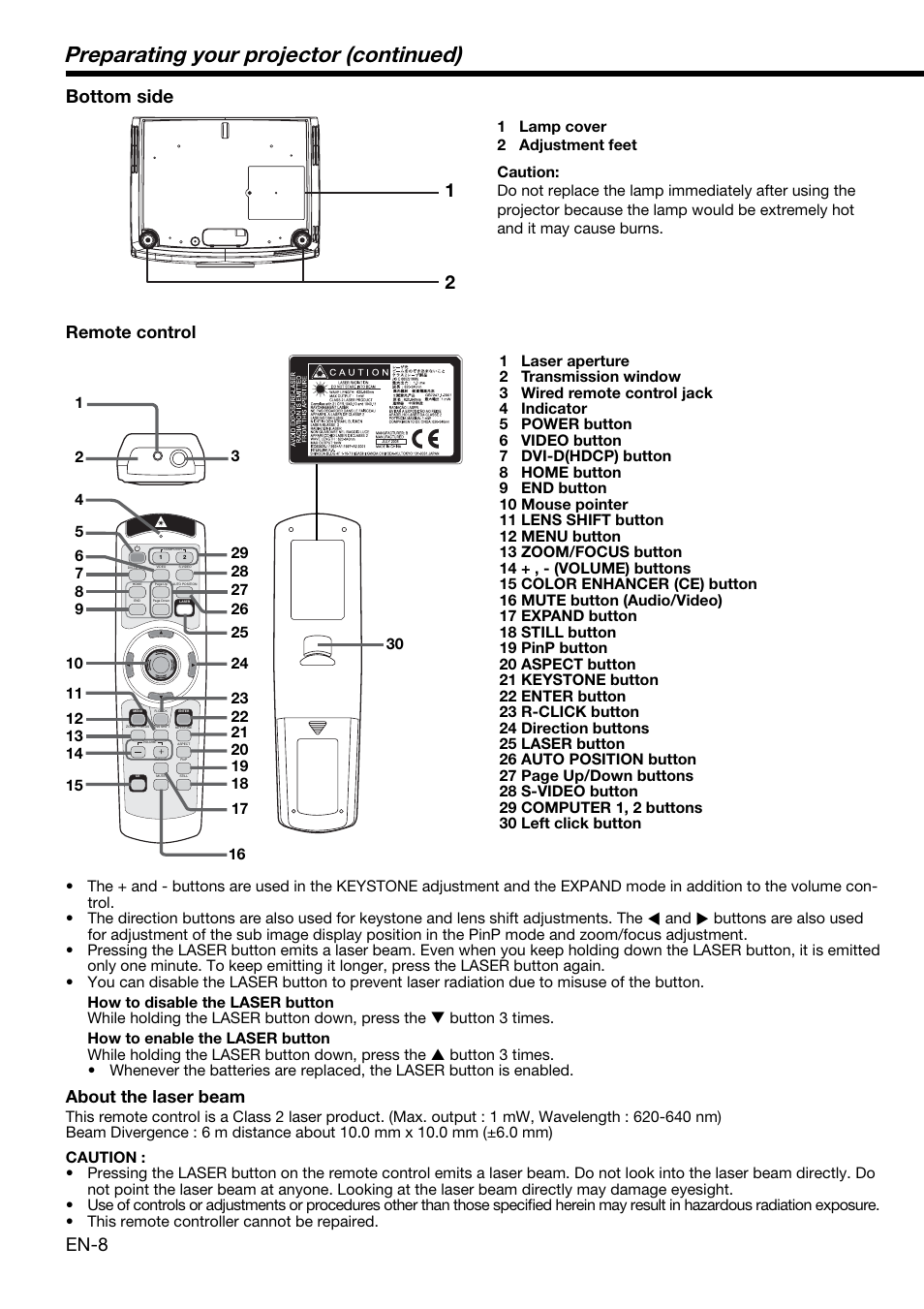 Preparating your projector (continued), En-8 1 2, Bottom side | Remote control, About the laser beam | MITSUBISHI ELECTRIC XD2000 User Manual | Page 8 / 41