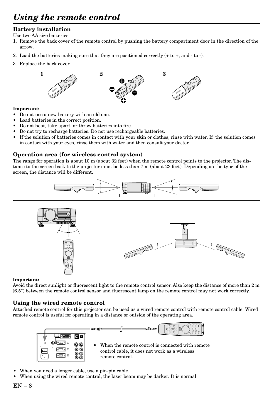 Using the remote control, En – 8 battery installation, Operation area (for wireless control system) | Using the wired remote control | MITSUBISHI ELECTRIC LVP-X400BU User Manual | Page 8 / 34