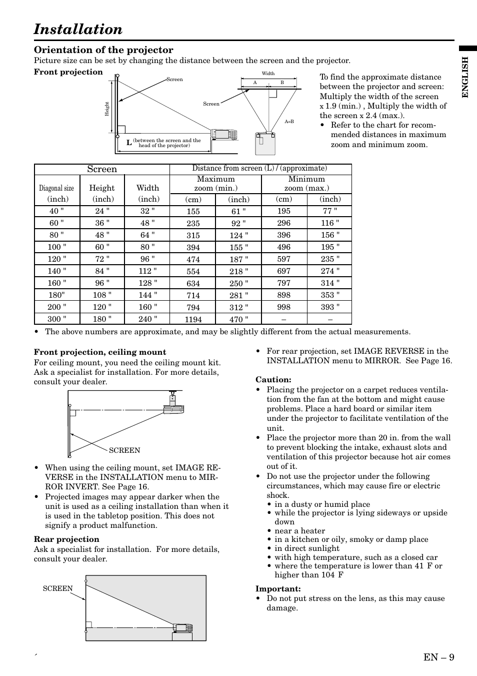 Installation | MITSUBISHI ELECTRIC LVP-X400BU User Manual | Page 9 / 34