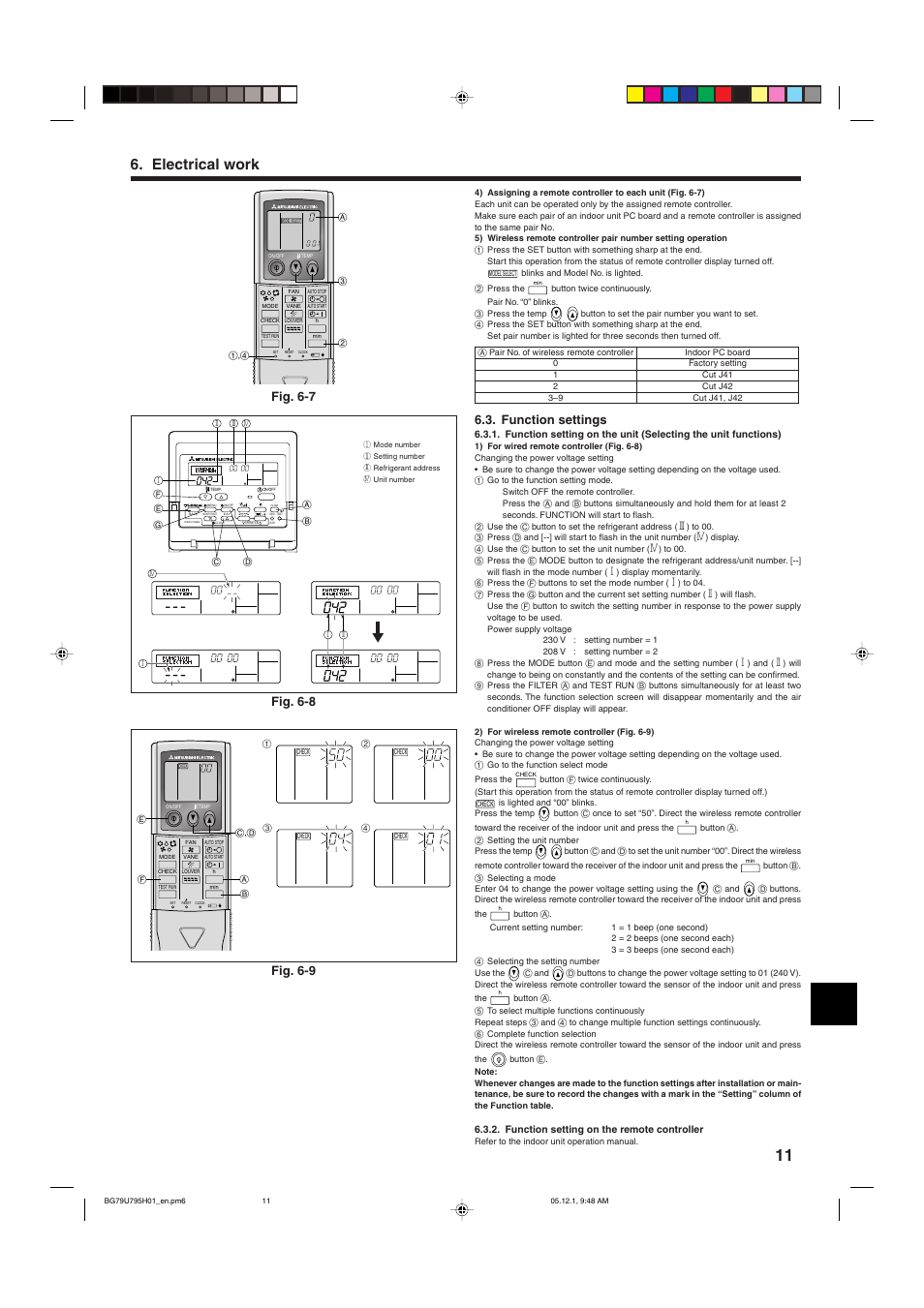 Electrical work, Fig. 6-7 fig. 6-8, Fig. 6-9 | Function settings | MITSUBISHI ELECTRIC Mr. Slim PLA-A-AA User Manual | Page 11 / 18