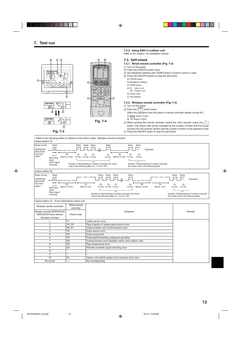 Test run, Self-check, Fig. 7-4 fig. 7-3 | MITSUBISHI ELECTRIC Mr. Slim PLA-A-AA User Manual | Page 13 / 18