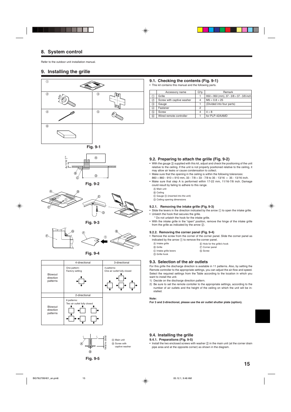 System control, Installing the grille, Fig. 9-5 | Selection of the air outlets, Checking the contents (fig. 9-1), Fig. 9-1 fig. 9-2, Fig. 9-3, Preparing to attach the grille (fig. 9-2), Fig. 9-4 | MITSUBISHI ELECTRIC Mr. Slim PLA-A-AA User Manual | Page 15 / 18