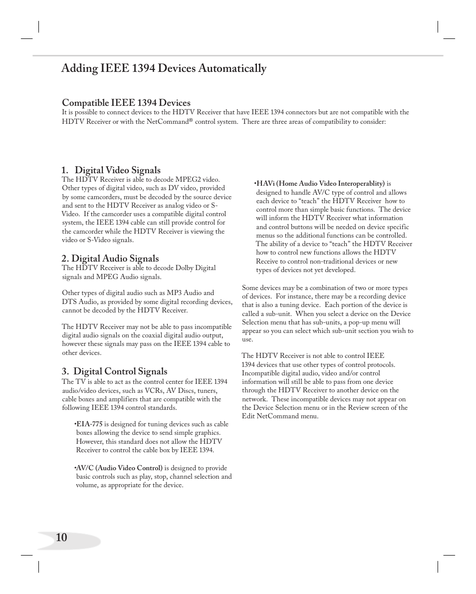 Adding ieee 1394 devices automatically, Digital video signals, Digital audio signals | Digital control signals, Compatible ieee 1394 devices | MITSUBISHI ELECTRIC NETCOMMAND 2.0 HD-5000A User Manual | Page 10 / 24