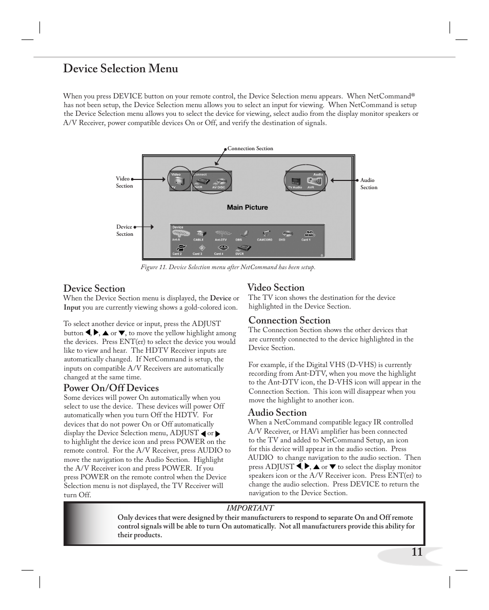 11 device selection menu, Power on/off devices | MITSUBISHI ELECTRIC NETCOMMAND 2.0 HD-5000A User Manual | Page 11 / 24