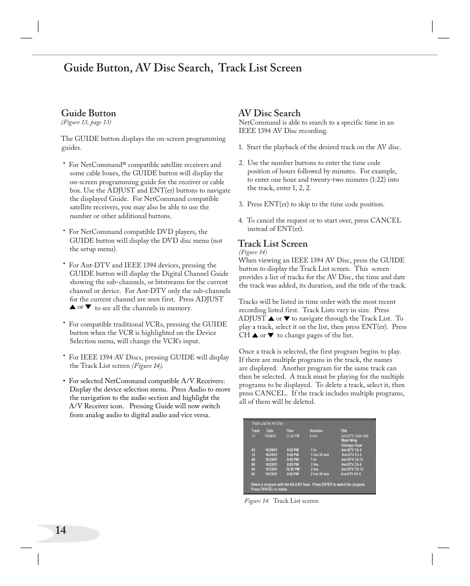 Guide button, av disc search, track list screen, Guide button, Track list screen | Av disc search | MITSUBISHI ELECTRIC NETCOMMAND 2.0 HD-5000A User Manual | Page 14 / 24