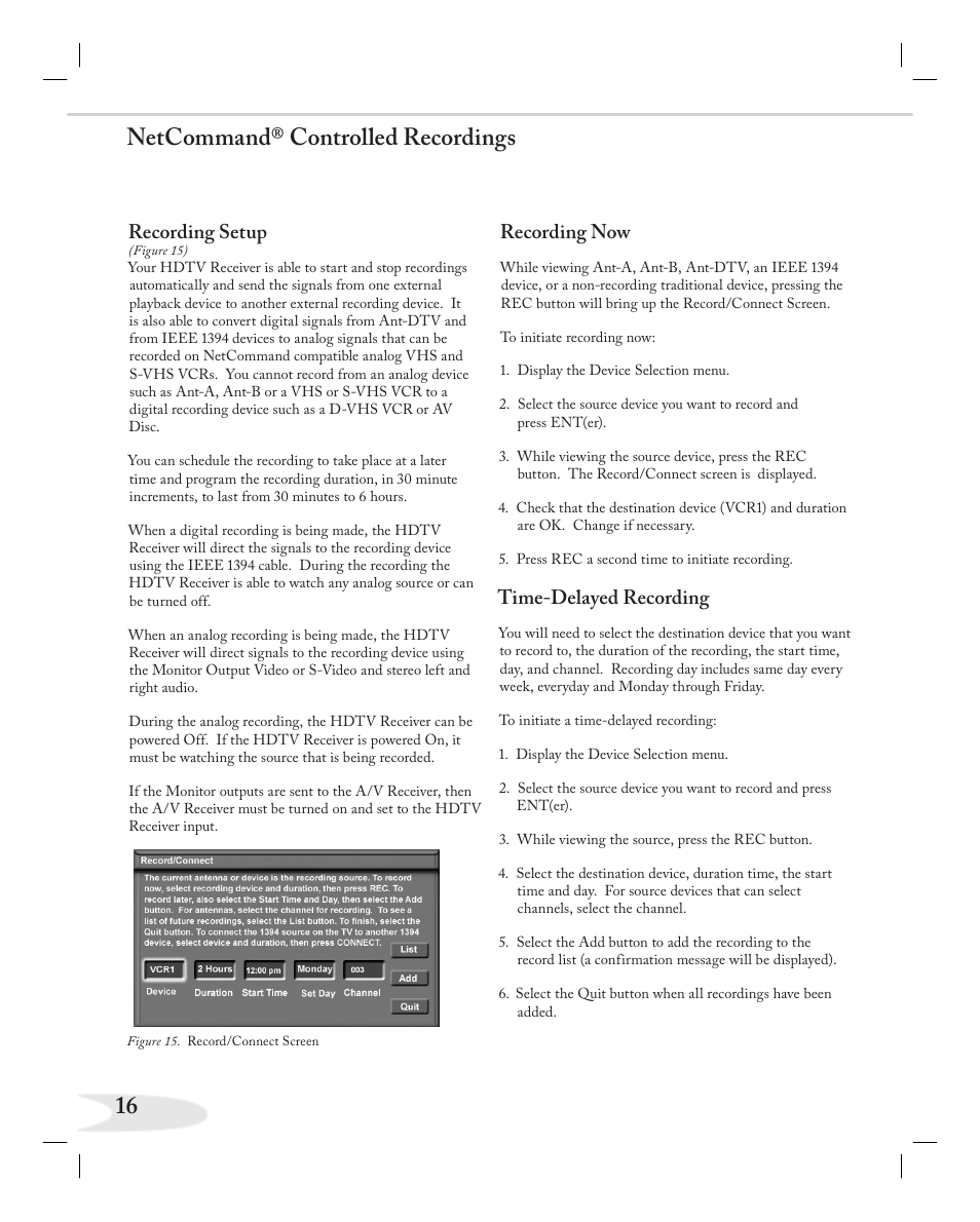 16 netcommand® controlled recordings, Recording setup, Recording now | Time-delayed recording | MITSUBISHI ELECTRIC NETCOMMAND 2.0 HD-5000A User Manual | Page 16 / 24