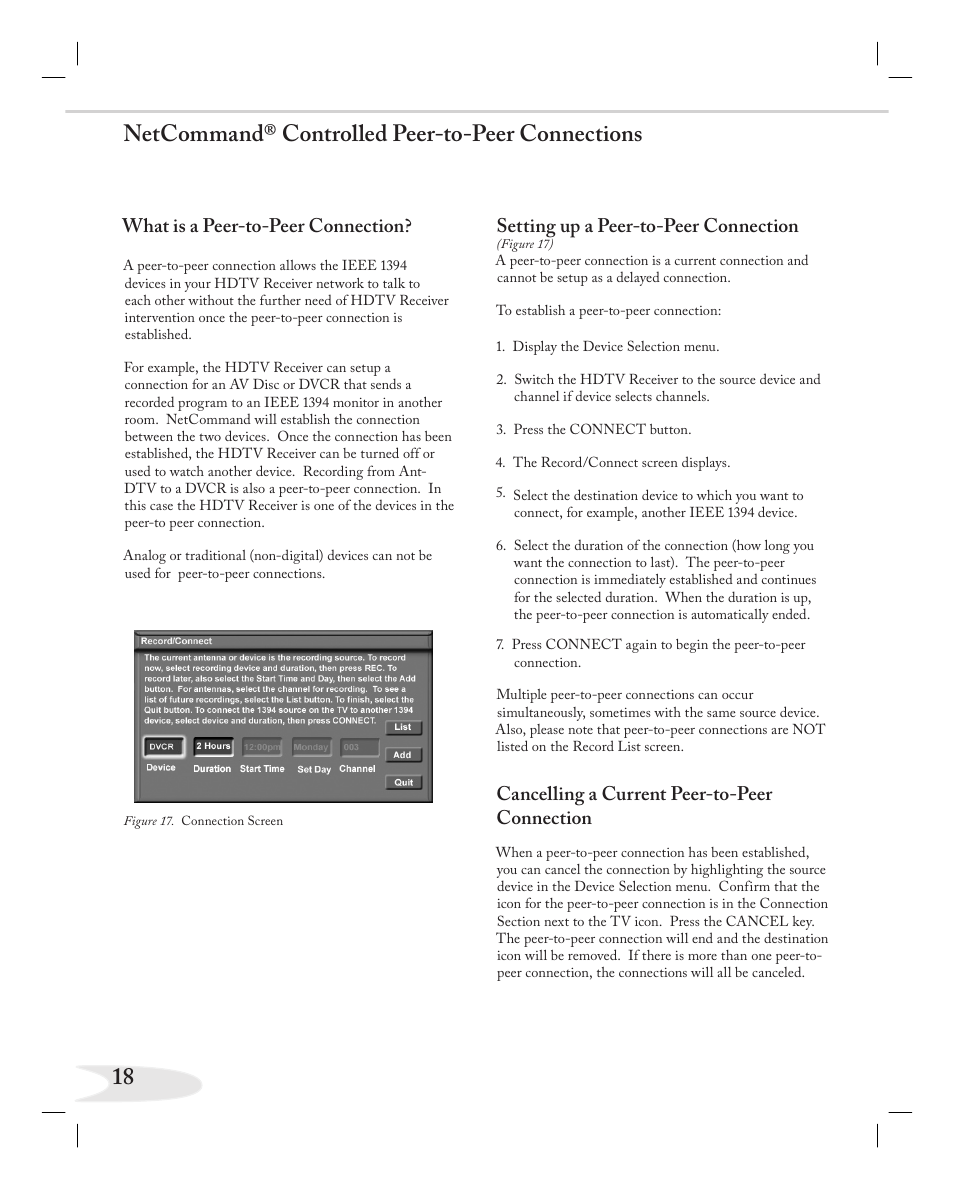 18 netcommand® controlled peer-to-peer connections, What is a peer-to-peer connection, Setting up a peer-to-peer connection | Cancelling a current peer-to-peer connection | MITSUBISHI ELECTRIC NETCOMMAND 2.0 HD-5000A User Manual | Page 18 / 24