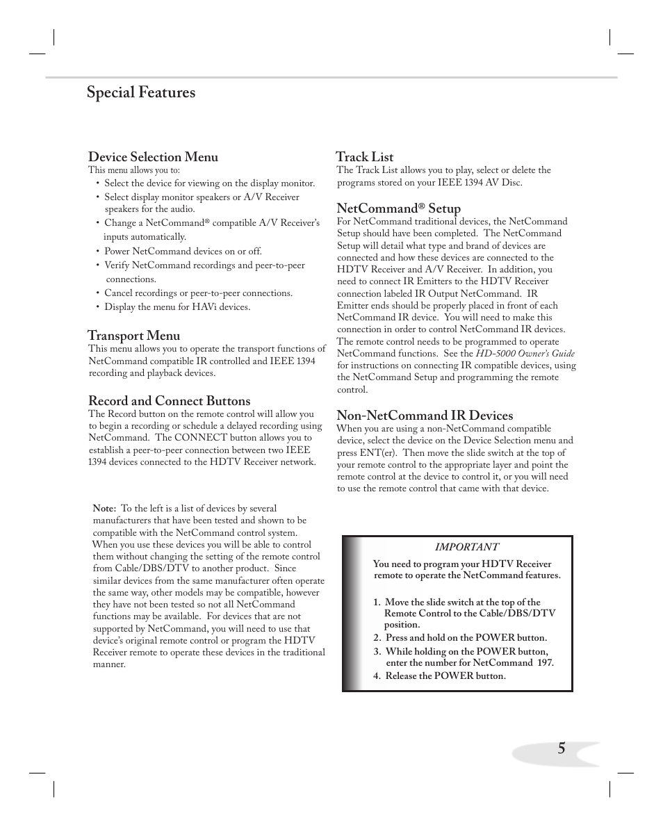 Special features, Device selection menu, Transport menu | Record and connect buttons, Track list, Netcommand® setup, Non-netcommand ir devices | MITSUBISHI ELECTRIC NETCOMMAND 2.0 HD-5000A User Manual | Page 5 / 24