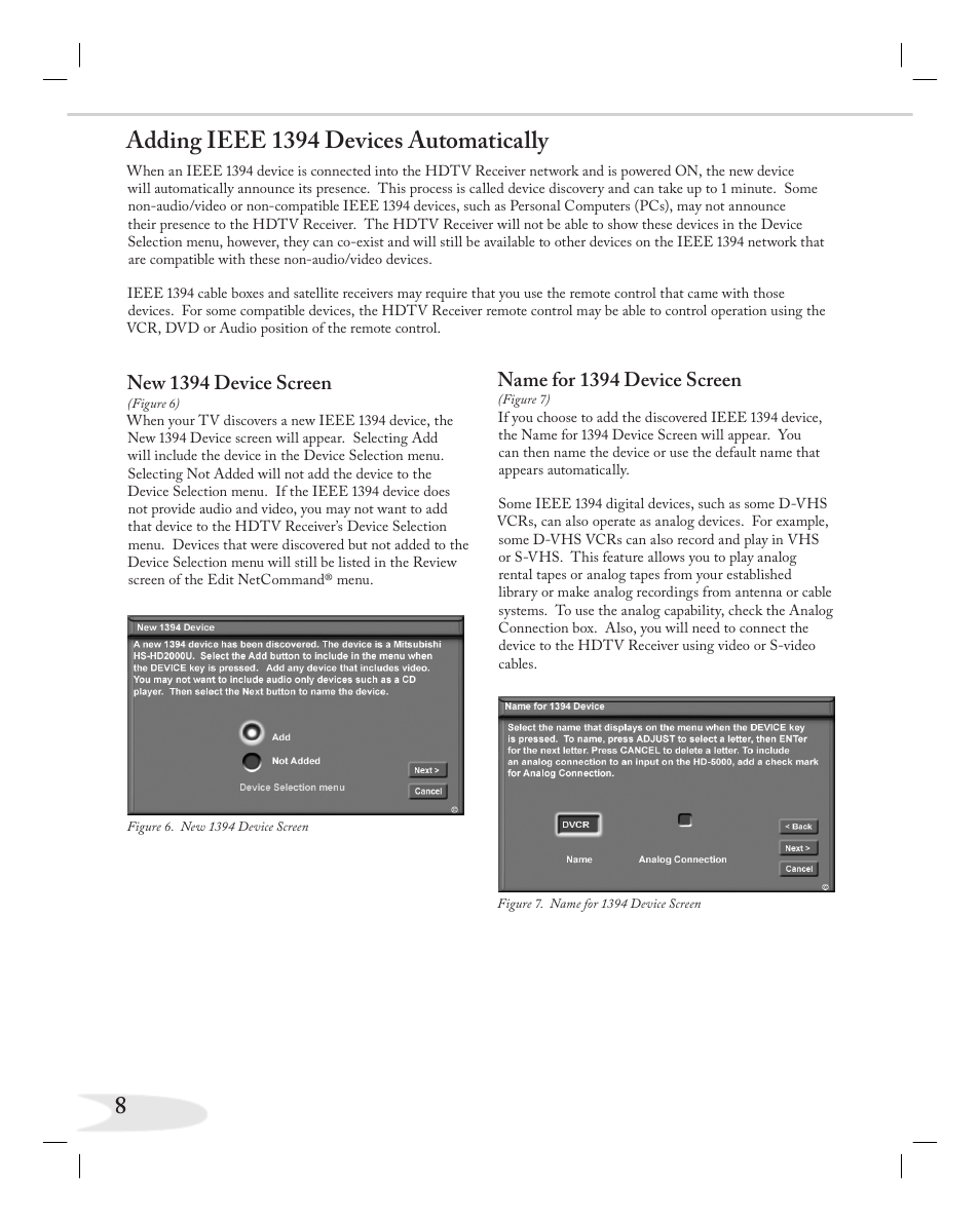 New 1394 device screen, Name for 1394 device screen | MITSUBISHI ELECTRIC NETCOMMAND 2.0 HD-5000A User Manual | Page 8 / 24