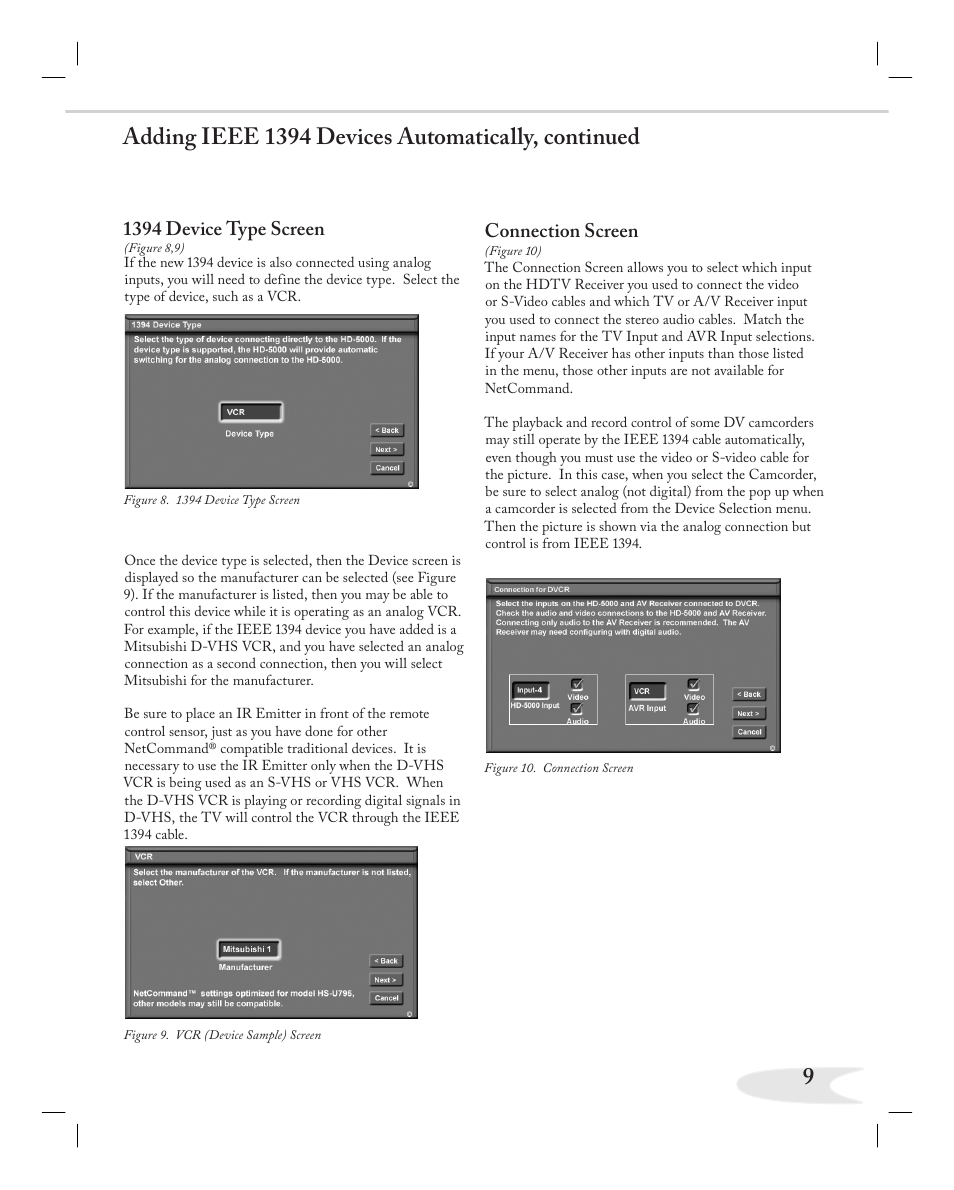 Adding ieee 1394 devices automatically, continued, 1394 device type screen, Connection screen | MITSUBISHI ELECTRIC NETCOMMAND 2.0 HD-5000A User Manual | Page 9 / 24