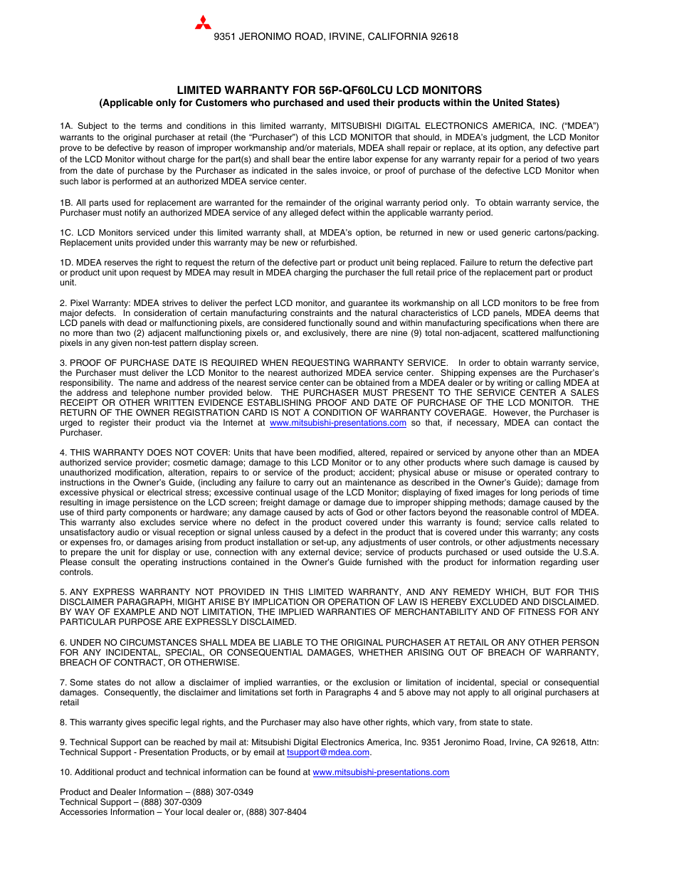 MITSUBISHI ELECTRIC 56P-QF60LCU User Manual | 1 page