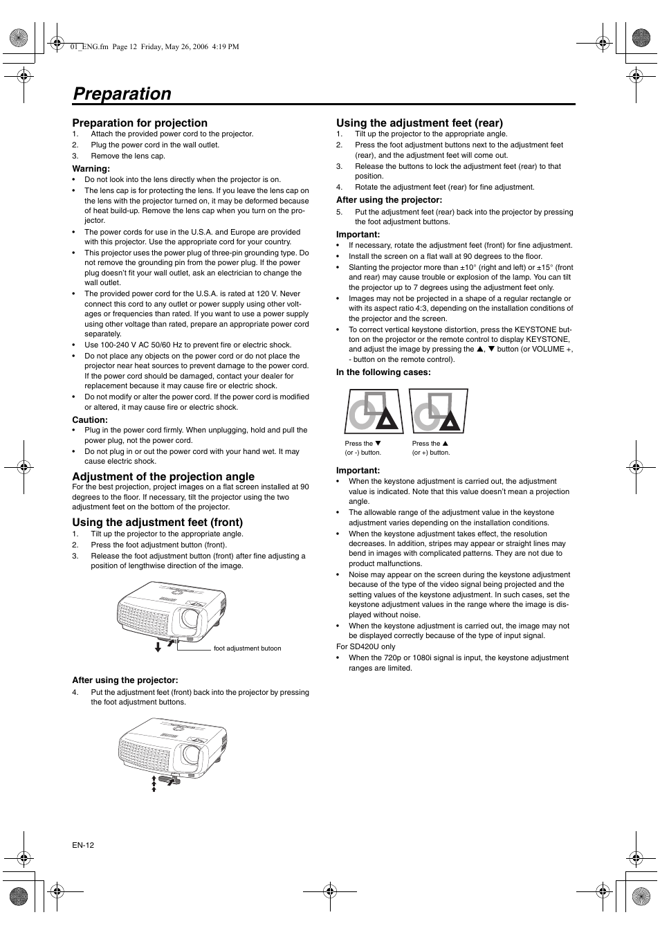 Preparation, Preparation for projection, Adjustment of the projection angle | Using the adjustment feet (front), Using the adjustment feet (rear) | MITSUBISHI ELECTRIC XD420U User Manual | Page 12 / 30