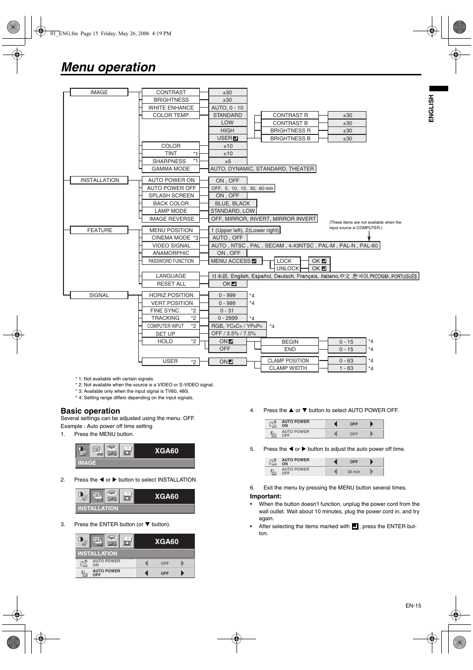 Menu operation, Basic operation, Xga60 | MITSUBISHI ELECTRIC XD420U User Manual | Page 15 / 30