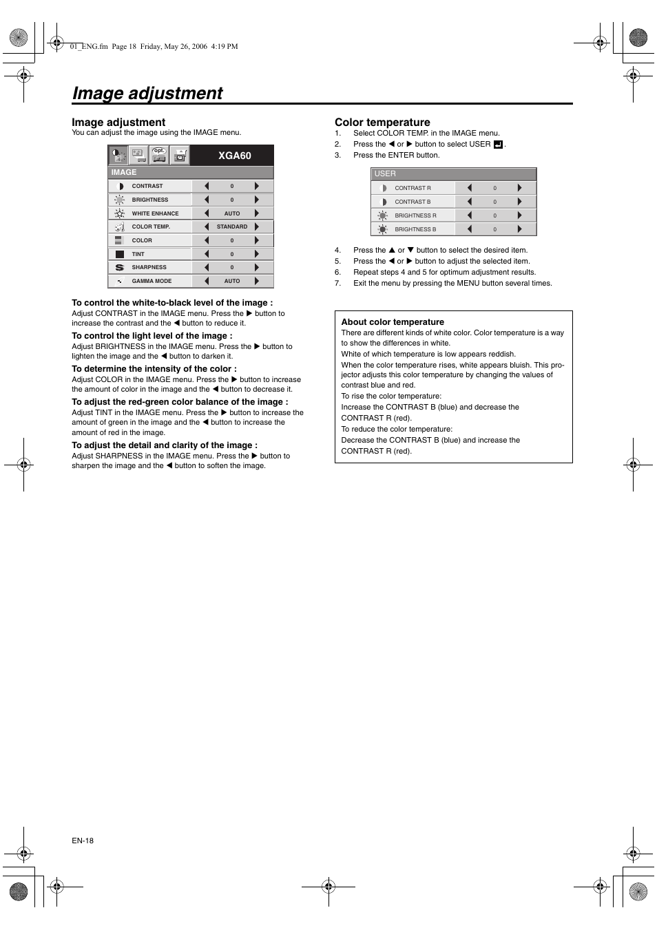 Image adjustment, Color temperature, Xga60 | MITSUBISHI ELECTRIC XD420U User Manual | Page 18 / 30