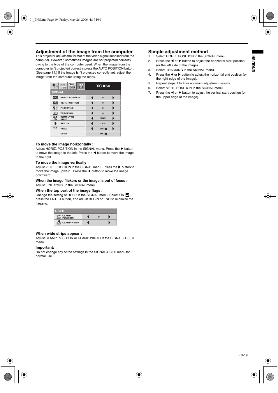 Adjustment of the image from the computer, Simple adjustment method | MITSUBISHI ELECTRIC XD420U User Manual | Page 19 / 30