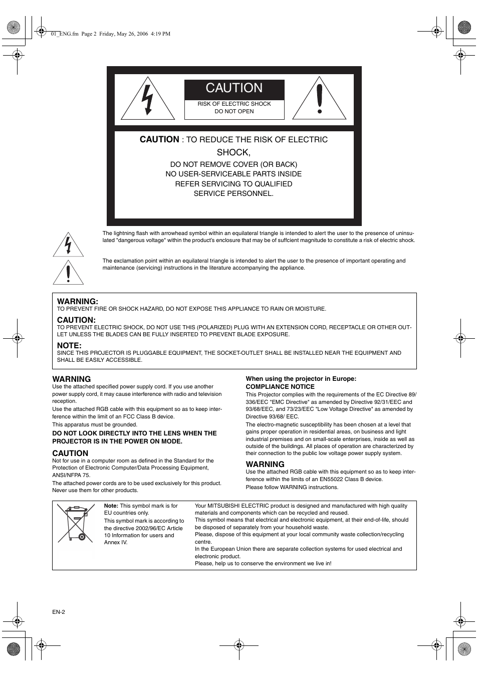 Caution, Shock | MITSUBISHI ELECTRIC XD420U User Manual | Page 2 / 30