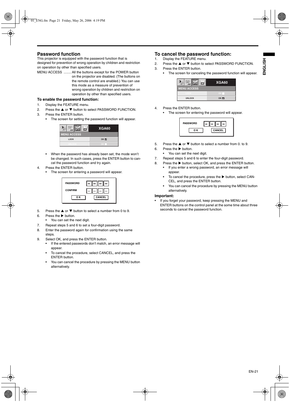 Password function | MITSUBISHI ELECTRIC XD420U User Manual | Page 21 / 30