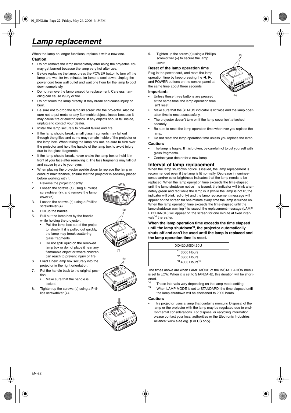 Lamp replacement, Interval of lamp replacement | MITSUBISHI ELECTRIC XD420U User Manual | Page 22 / 30