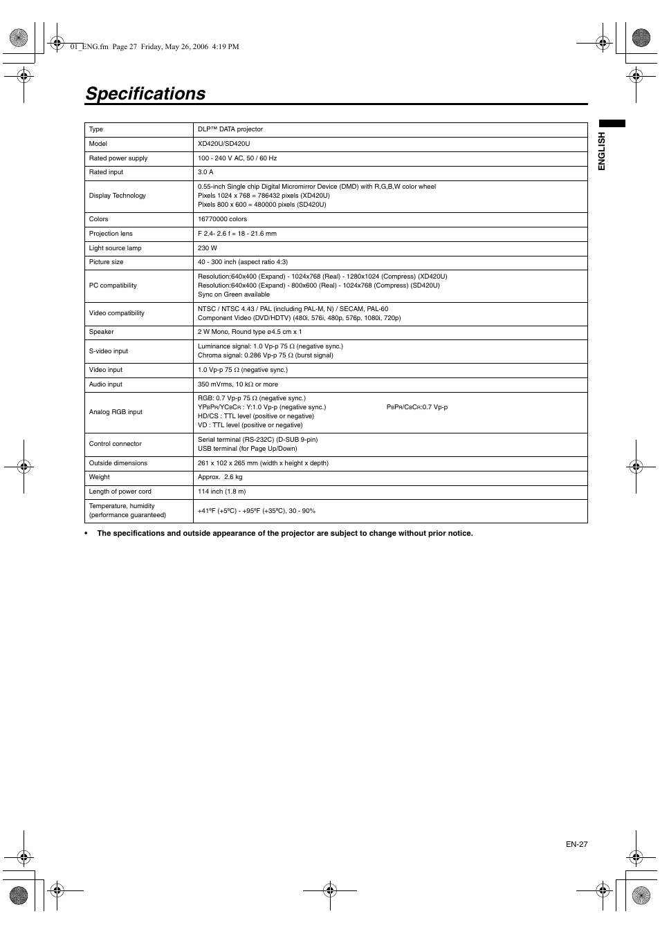 Specifications | MITSUBISHI ELECTRIC XD420U User Manual | Page 27 / 30