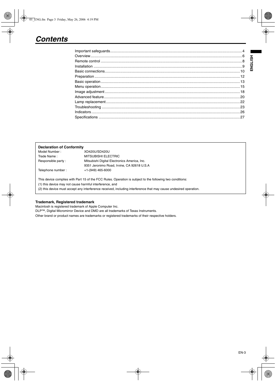 MITSUBISHI ELECTRIC XD420U User Manual | Page 3 / 30