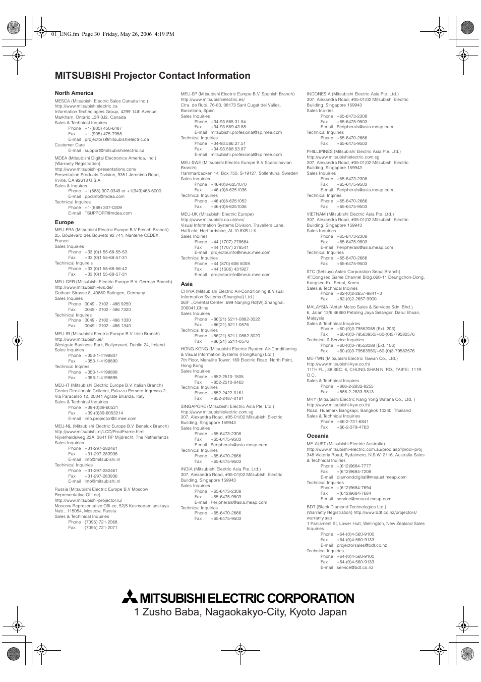 Mitsubishielectriccorporation, 1 zusho baba, nagaokakyo-city, kyoto japan, Mitsubishi projector contact information | MITSUBISHI ELECTRIC XD420U User Manual | Page 30 / 30