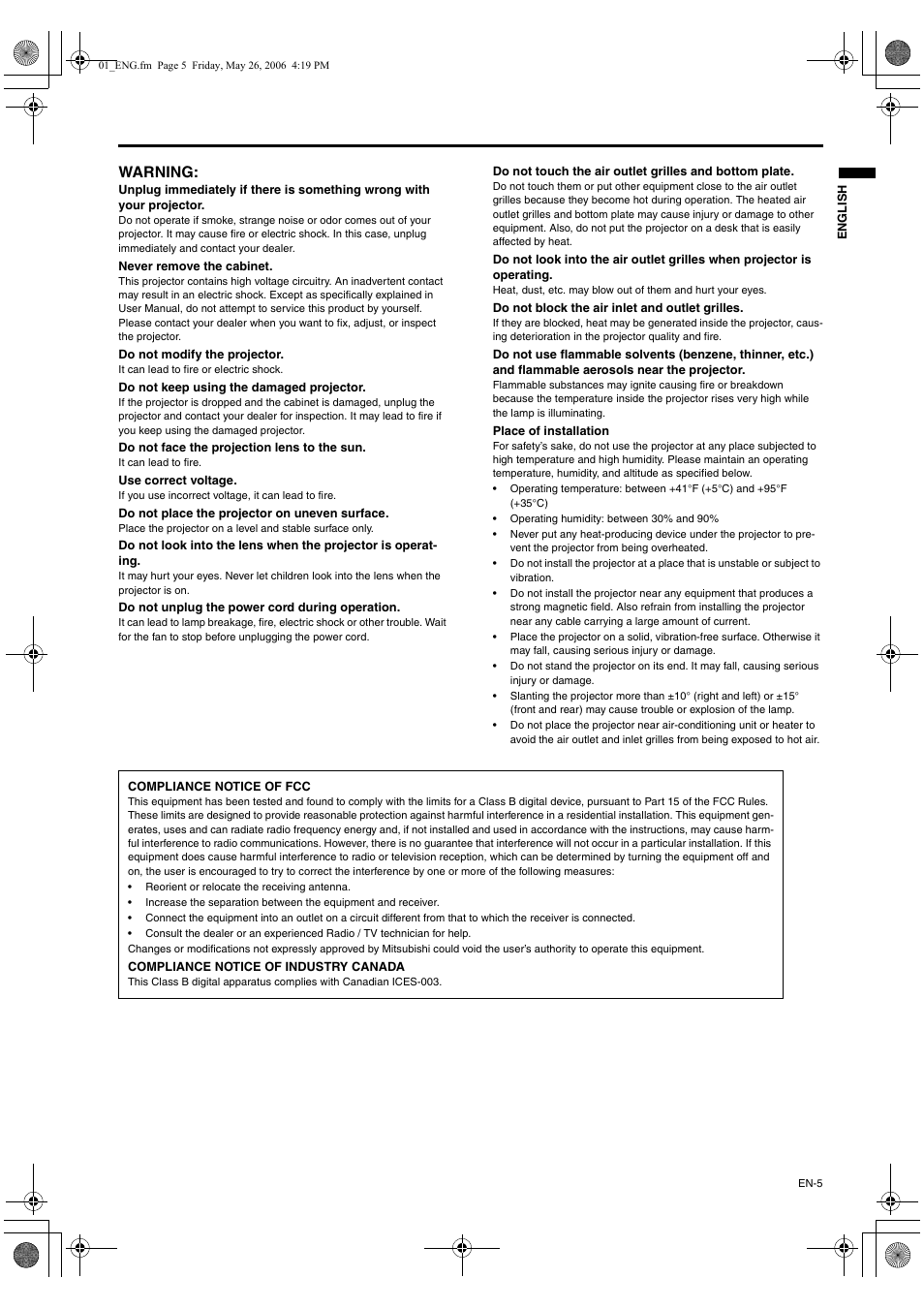 Warning | MITSUBISHI ELECTRIC XD420U User Manual | Page 5 / 30