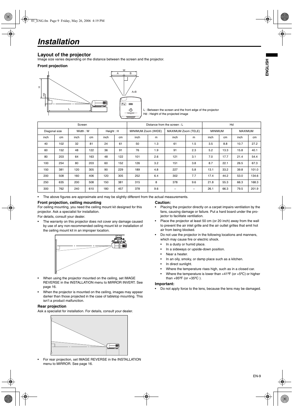 Installation, Layout of the projector | MITSUBISHI ELECTRIC XD420U User Manual | Page 9 / 30