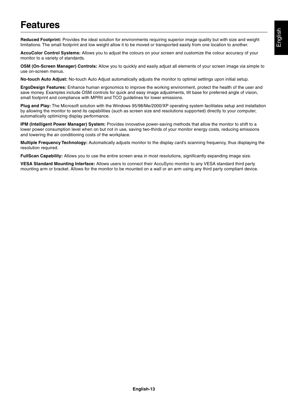 Features | MITSUBISHI ELECTRIC AccuSync LCD71VM User Manual | Page 14 / 16