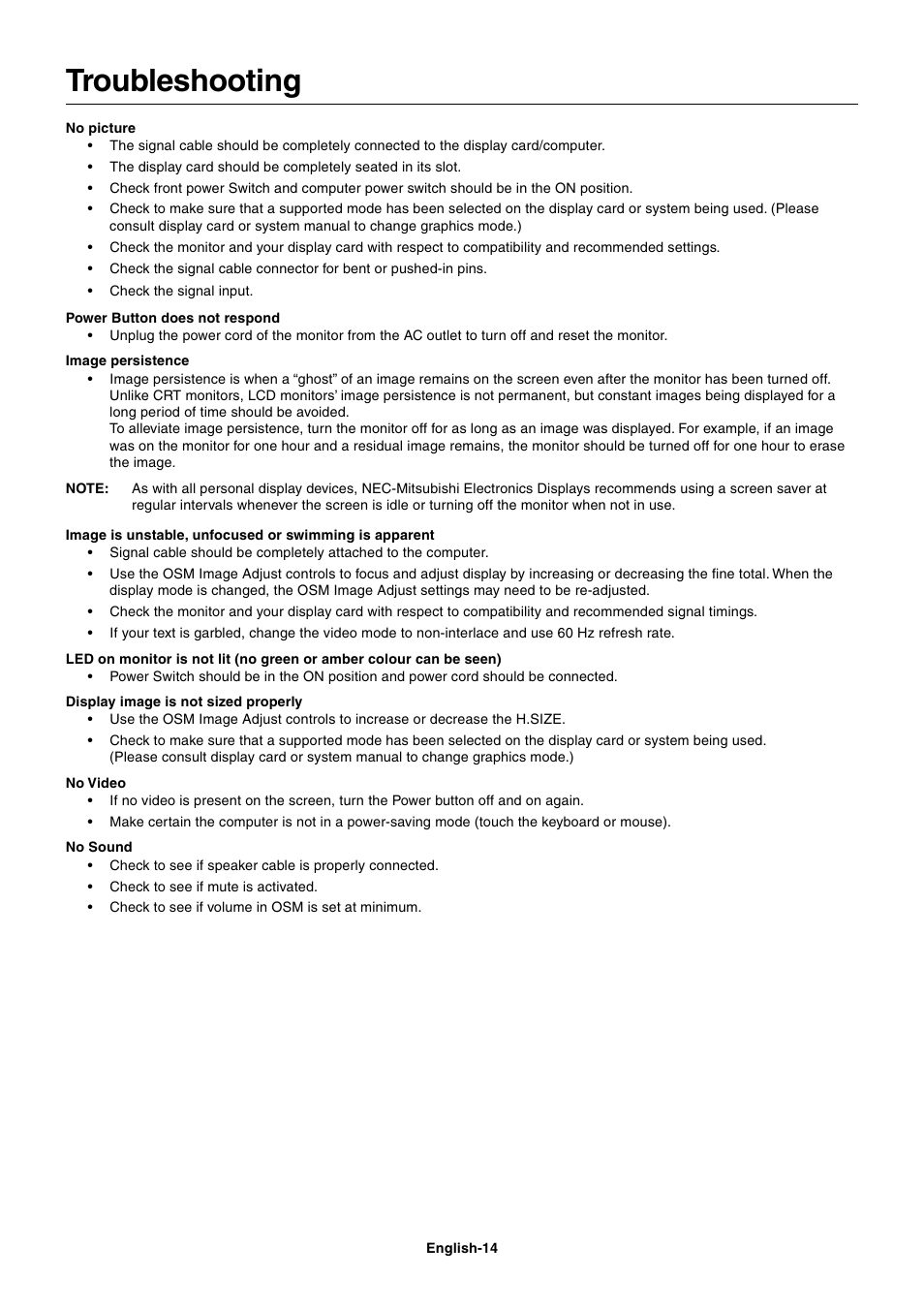 Troubleshooting | MITSUBISHI ELECTRIC AccuSync LCD71VM User Manual | Page 15 / 16