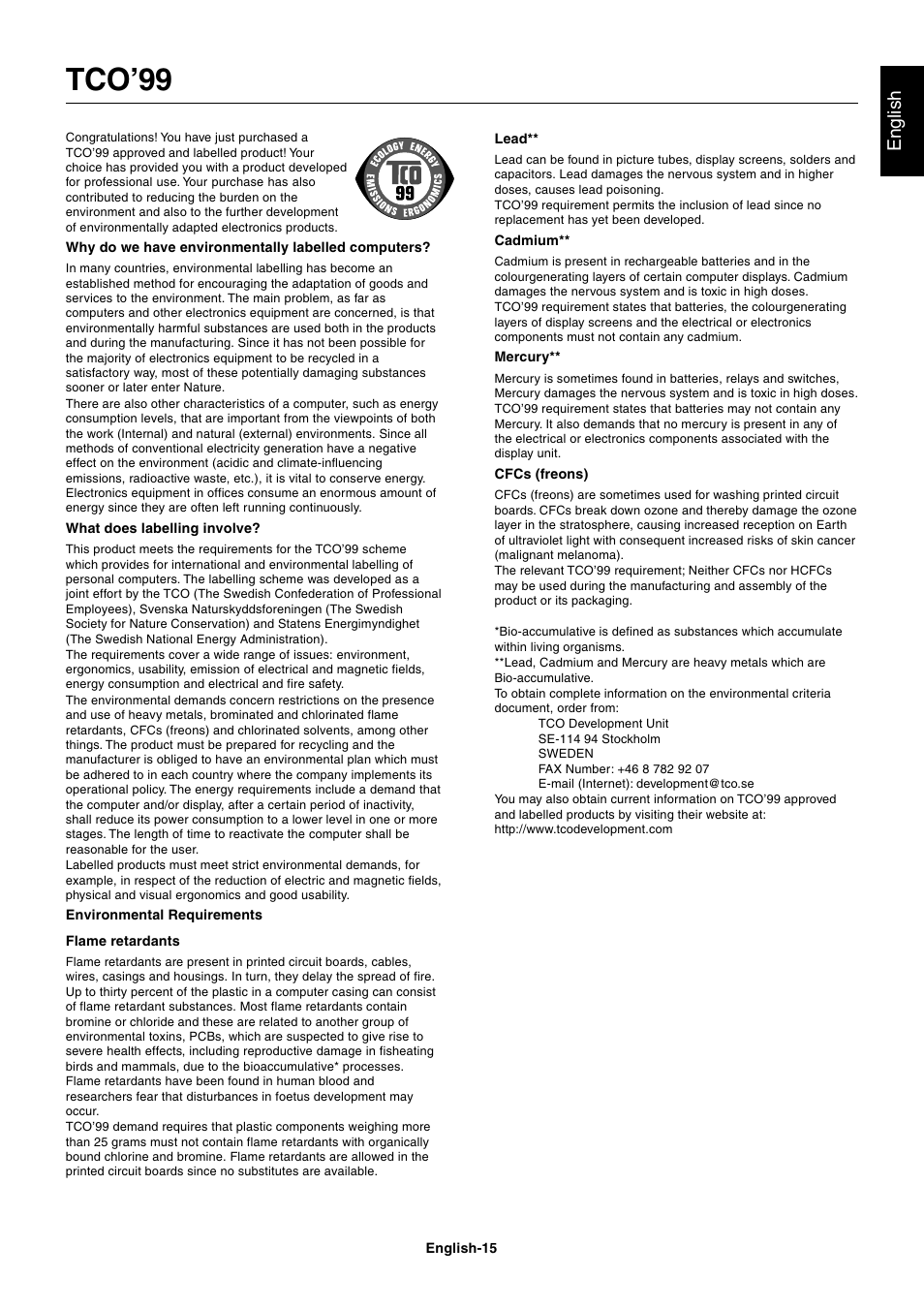 Tco’99, English | MITSUBISHI ELECTRIC AccuSync LCD71VM User Manual | Page 16 / 16