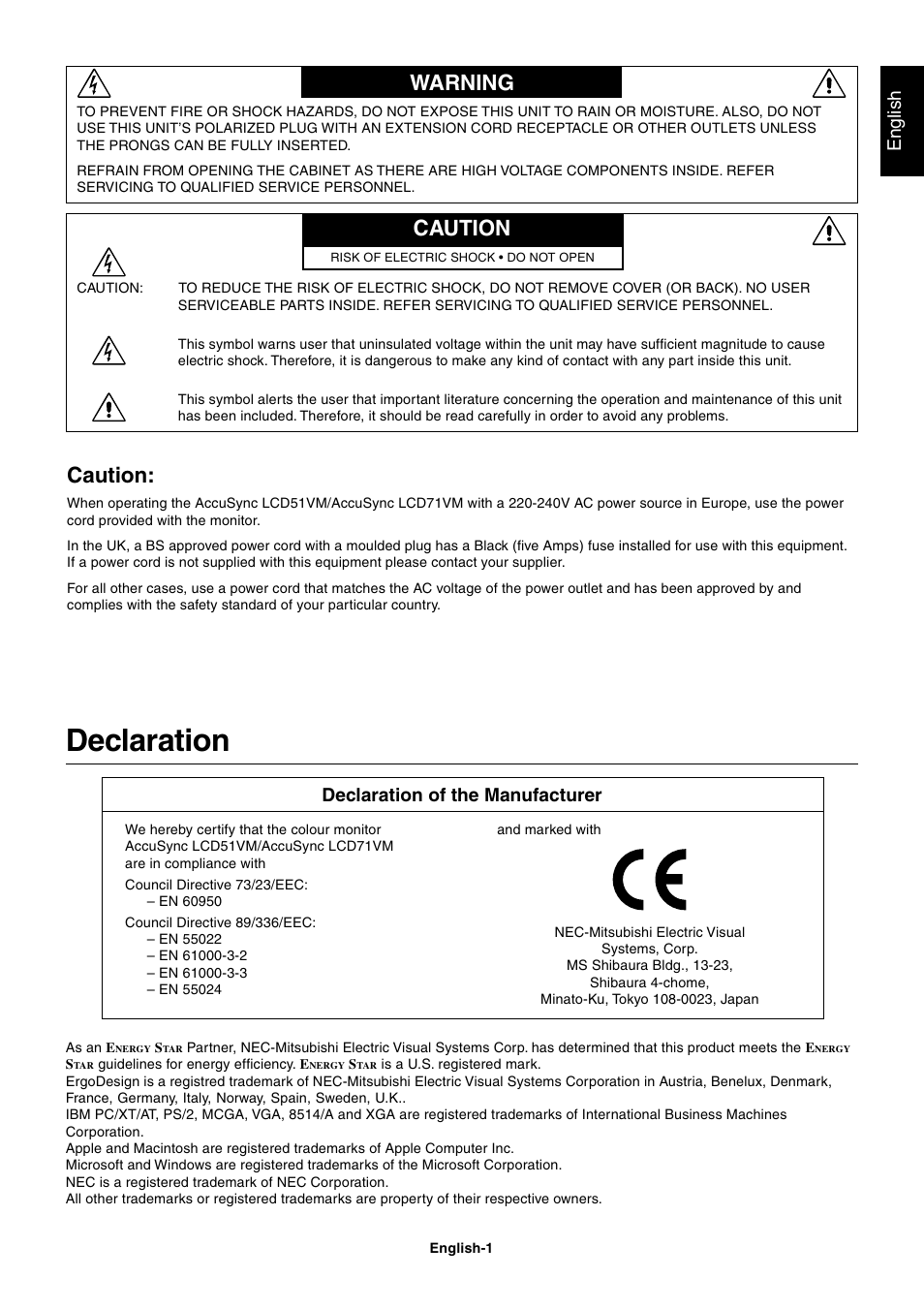 Warning, Caution, Declaration | Warning caution, English, Declaration of the manufacturer | MITSUBISHI ELECTRIC AccuSync LCD71VM User Manual | Page 2 / 16