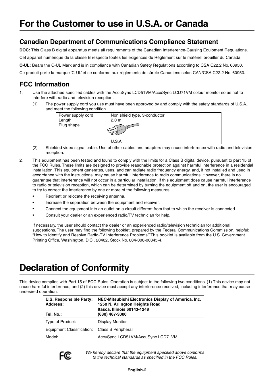 For the customer to use in u.s.a. or canada, Declaration of conformity, Fcc information | MITSUBISHI ELECTRIC AccuSync LCD71VM User Manual | Page 3 / 16