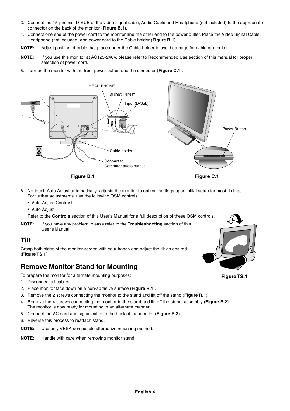 Tilt, Remove monitor stand for mounting | MITSUBISHI ELECTRIC AccuSync LCD71VM User Manual | Page 5 / 16