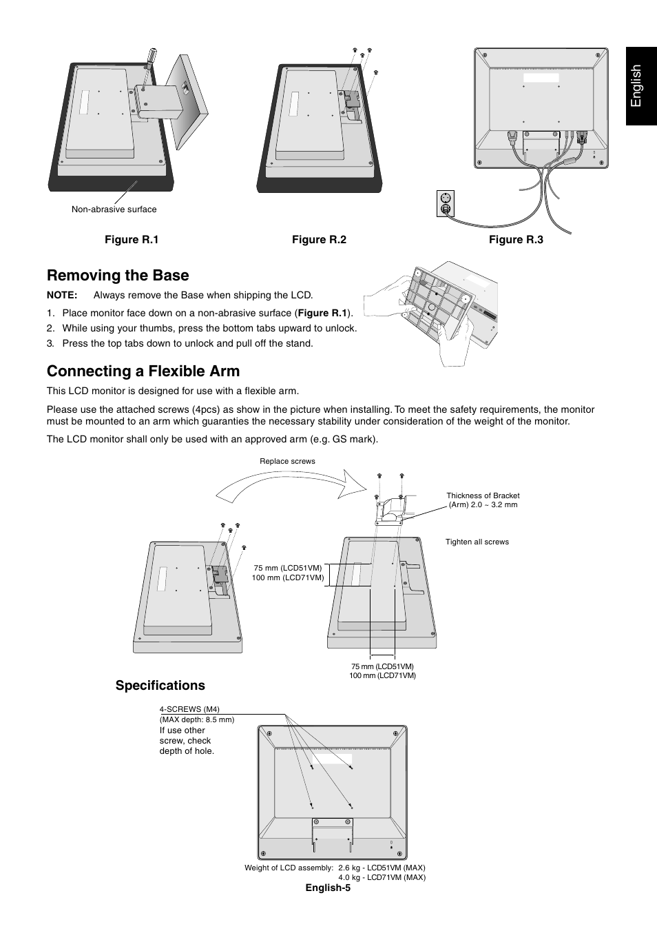 Removing the base, Connecting a flexible arm, English | Specifications | MITSUBISHI ELECTRIC AccuSync LCD71VM User Manual | Page 6 / 16