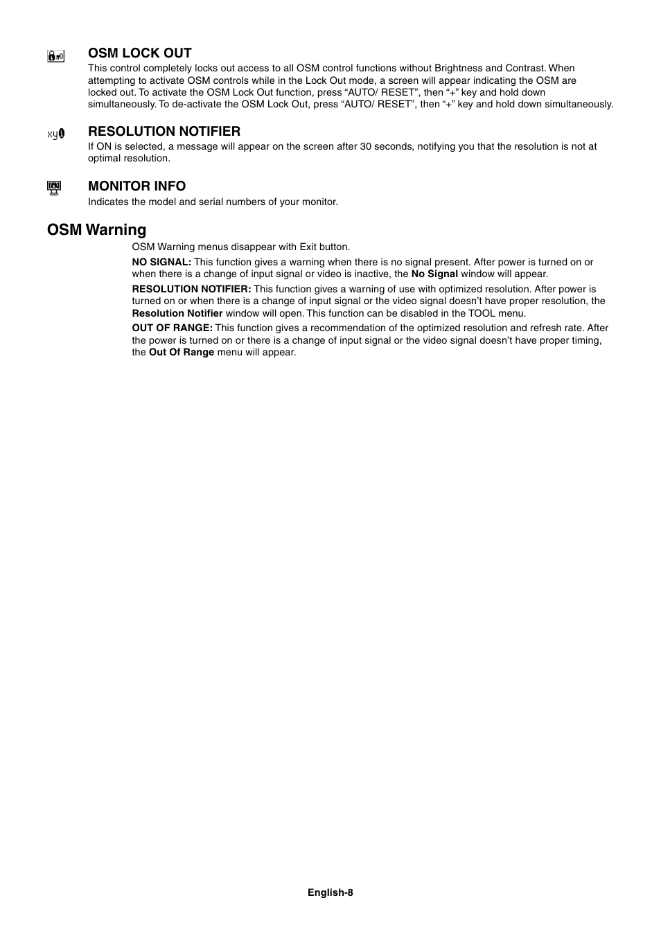 Osm warning | MITSUBISHI ELECTRIC AccuSync LCD71VM User Manual | Page 9 / 16