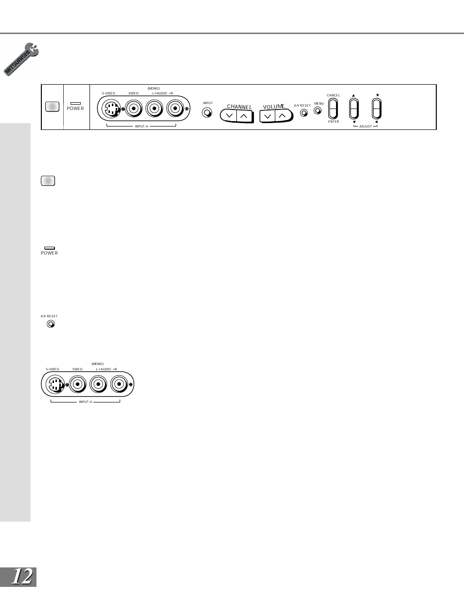 Iris, Power (used for timer function), A/v reset | Input 4 | MITSUBISHI ELECTRIC WS-65908 User Manual | Page 12 / 68