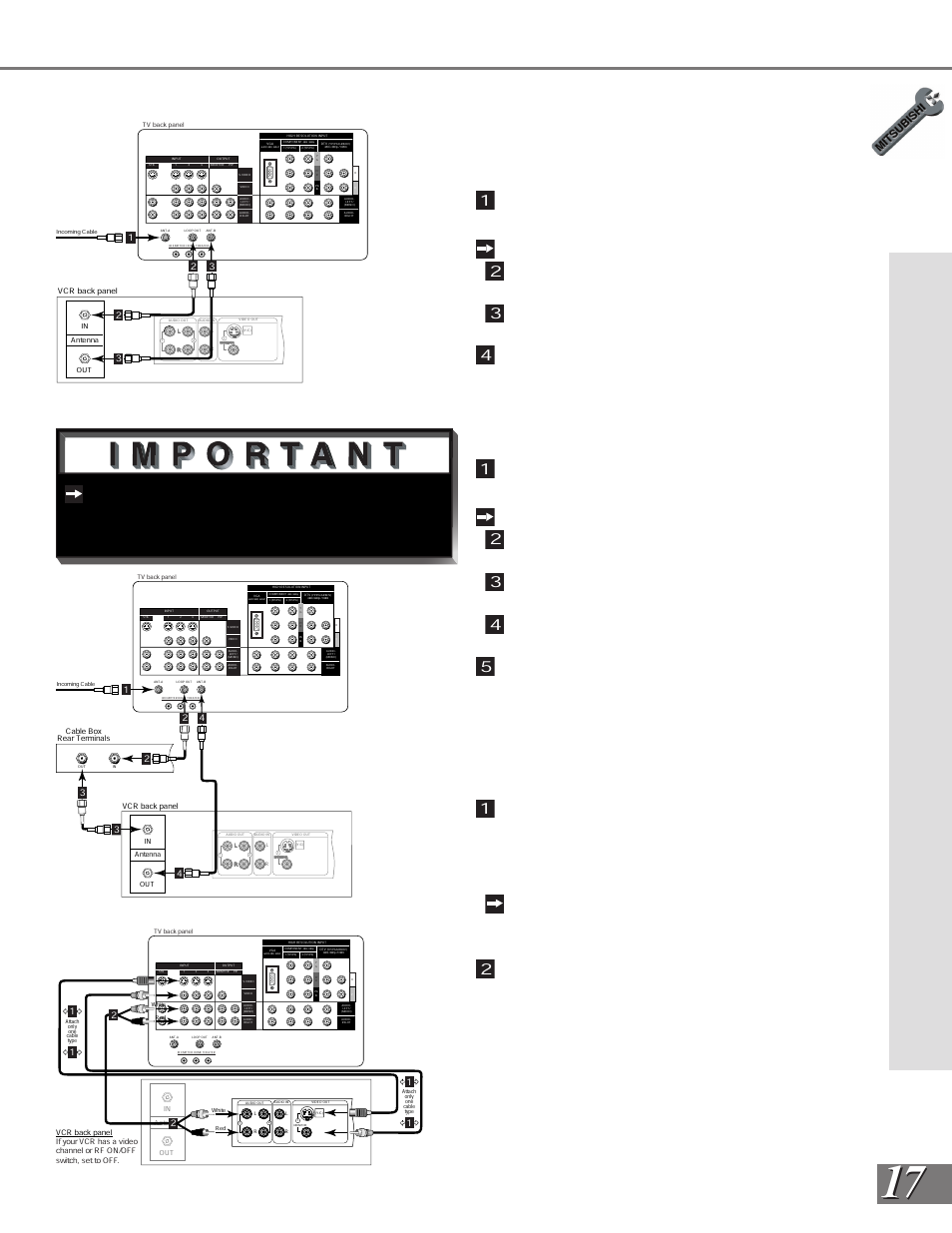 Connecting a vcr, Antennas or wall outlet cable, Cable box | Composite video with audio or s-video with audio, Now complete gur e 3, steps 1- 2, Part ii: installation, Figure 1) 1, Figure 2) 1, Figure 3) 1, Figure 3. connecting the vcr audio/video | MITSUBISHI ELECTRIC WS-65908 User Manual | Page 17 / 68