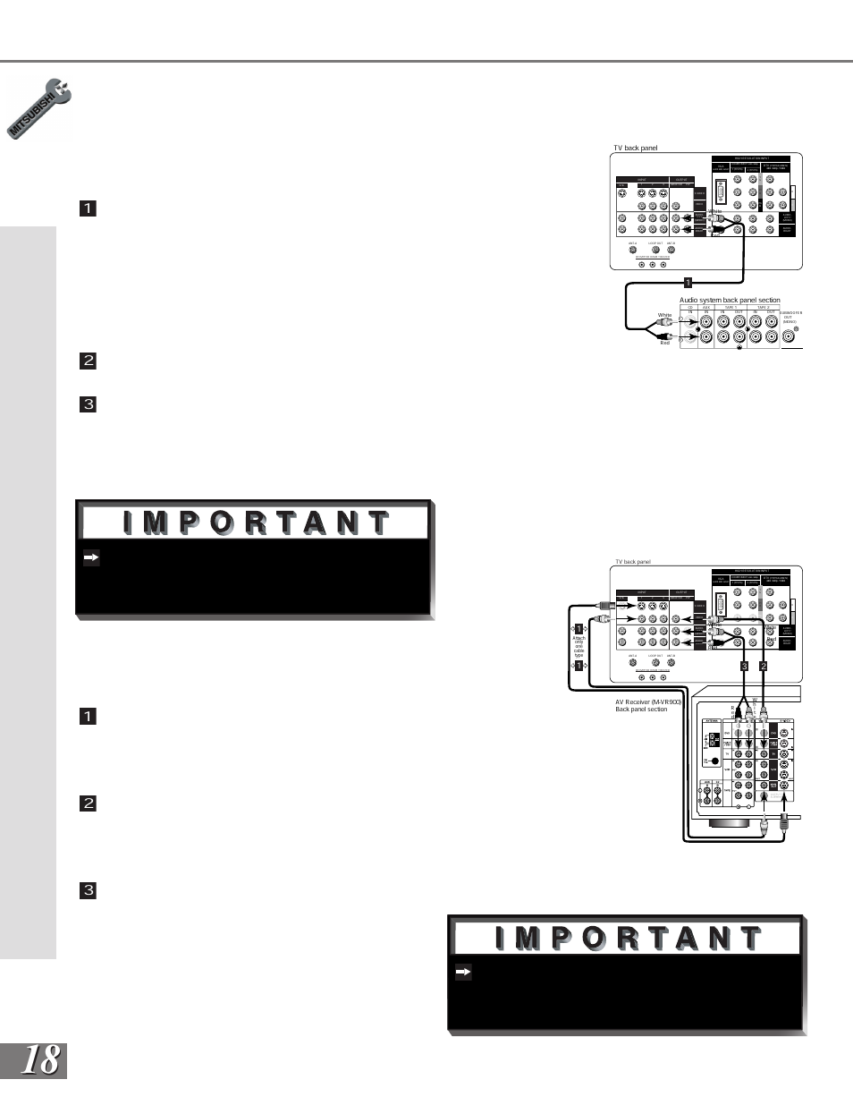 Stereo audio system, A/v receiver, Part ii: installation | Figure 1) 1, Figure 2) 1 | MITSUBISHI ELECTRIC WS-65908 User Manual | Page 18 / 68