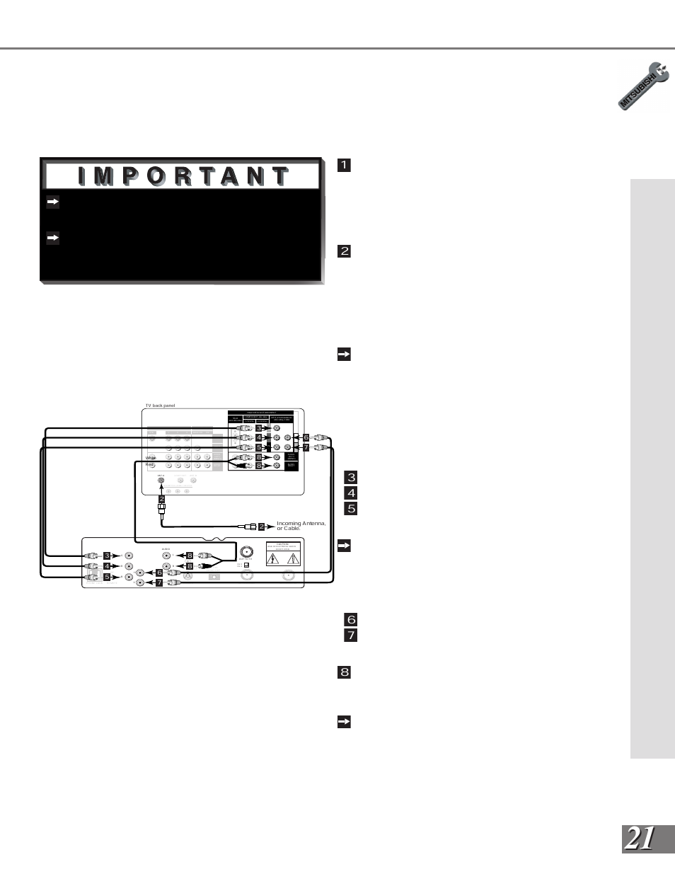 Dtv receiver with rgb video connections, Part ii: installation, Dtv receiver tv back panel | G (green) = y/g, R (red) = pr/r, B (blue) = pb/b, H (horizontal sync) = h, V (vertical sync) = v | MITSUBISHI ELECTRIC WS-65908 User Manual | Page 21 / 68