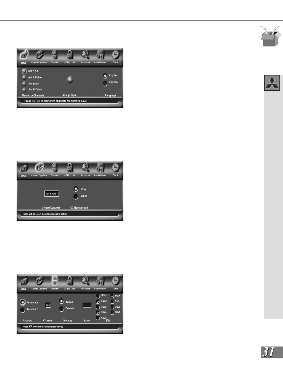 Menu screens (overview) | MITSUBISHI ELECTRIC WS-65908 User Manual | Page 31 / 68