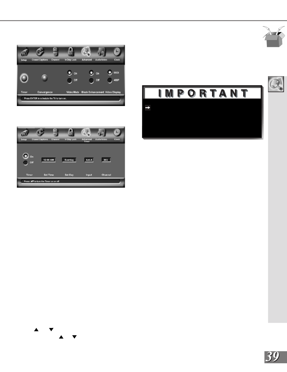 Tim e r, Advanced menu: timer | MITSUBISHI ELECTRIC WS-65908 User Manual | Page 39 / 68