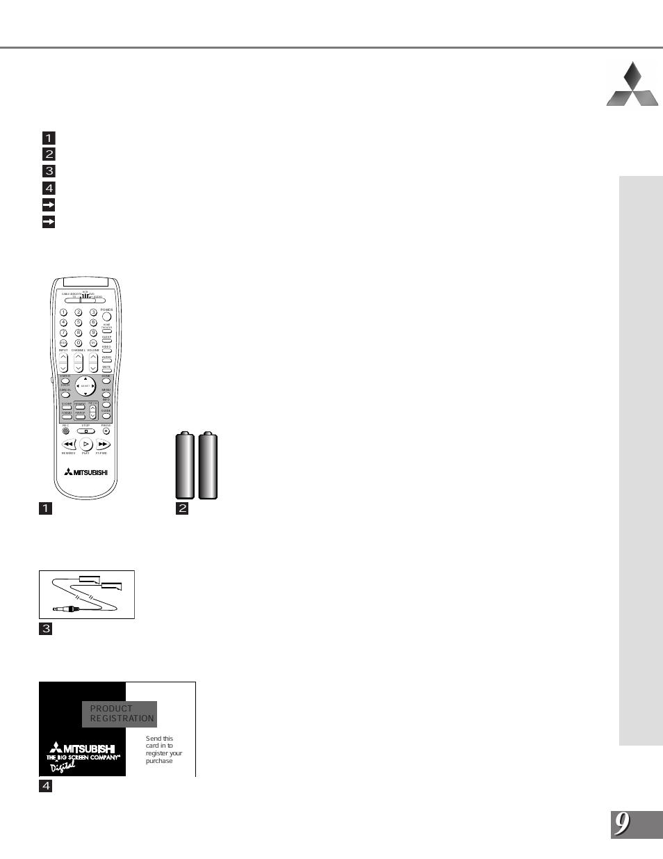 Special features, Hd-upgradeable, Wide screen picture format | Pip/pop viewing option, V-chip technology, Multibrand remote control, Remote control, 2) aaa batteries, 3) ir emitter cables | MITSUBISHI ELECTRIC WS-65908 User Manual | Page 9 / 68