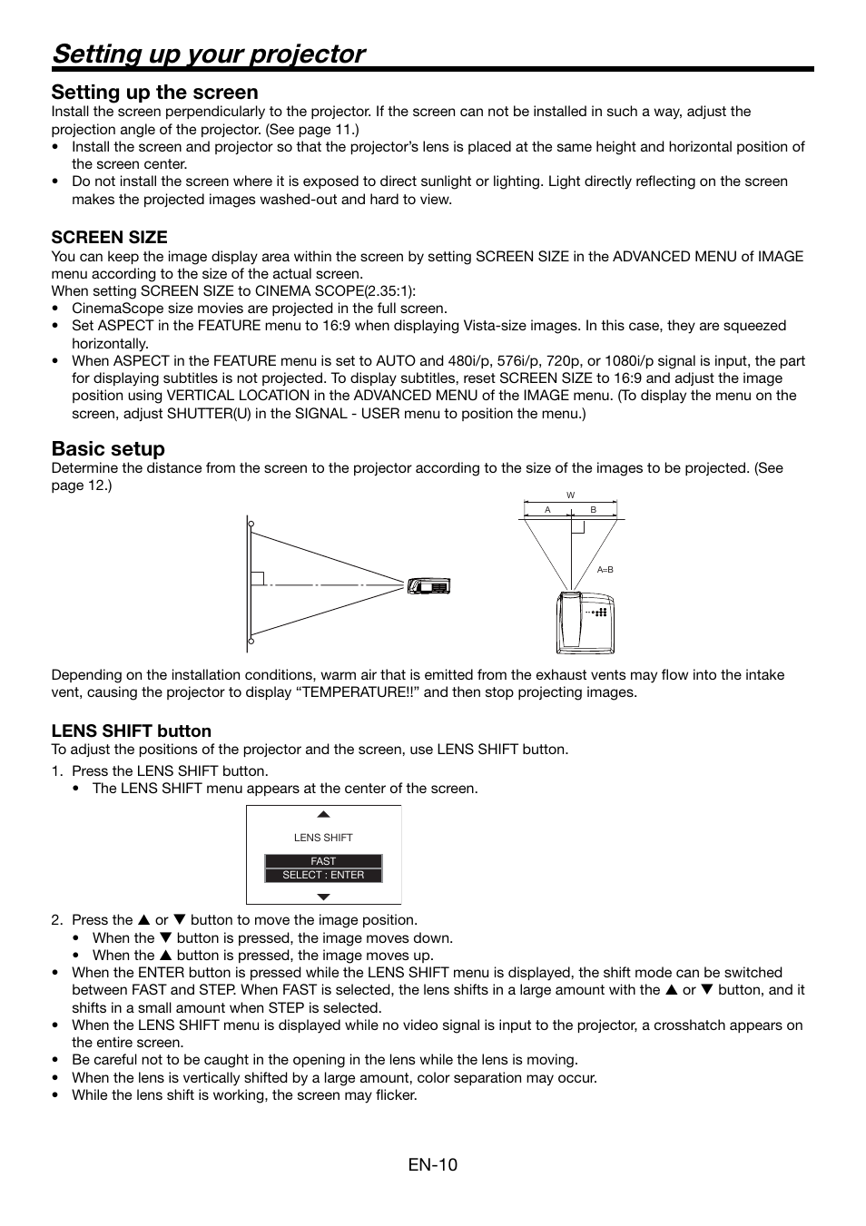 Setting up your projector, Setting up the screen, Basic setup | MITSUBISHI ELECTRIC HC5500 User Manual | Page 10 / 47