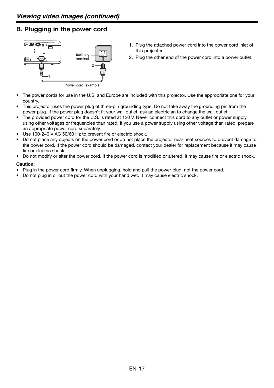 Viewing video images (continued), B. plugging in the power cord, En-17 | MITSUBISHI ELECTRIC HC5500 User Manual | Page 17 / 47