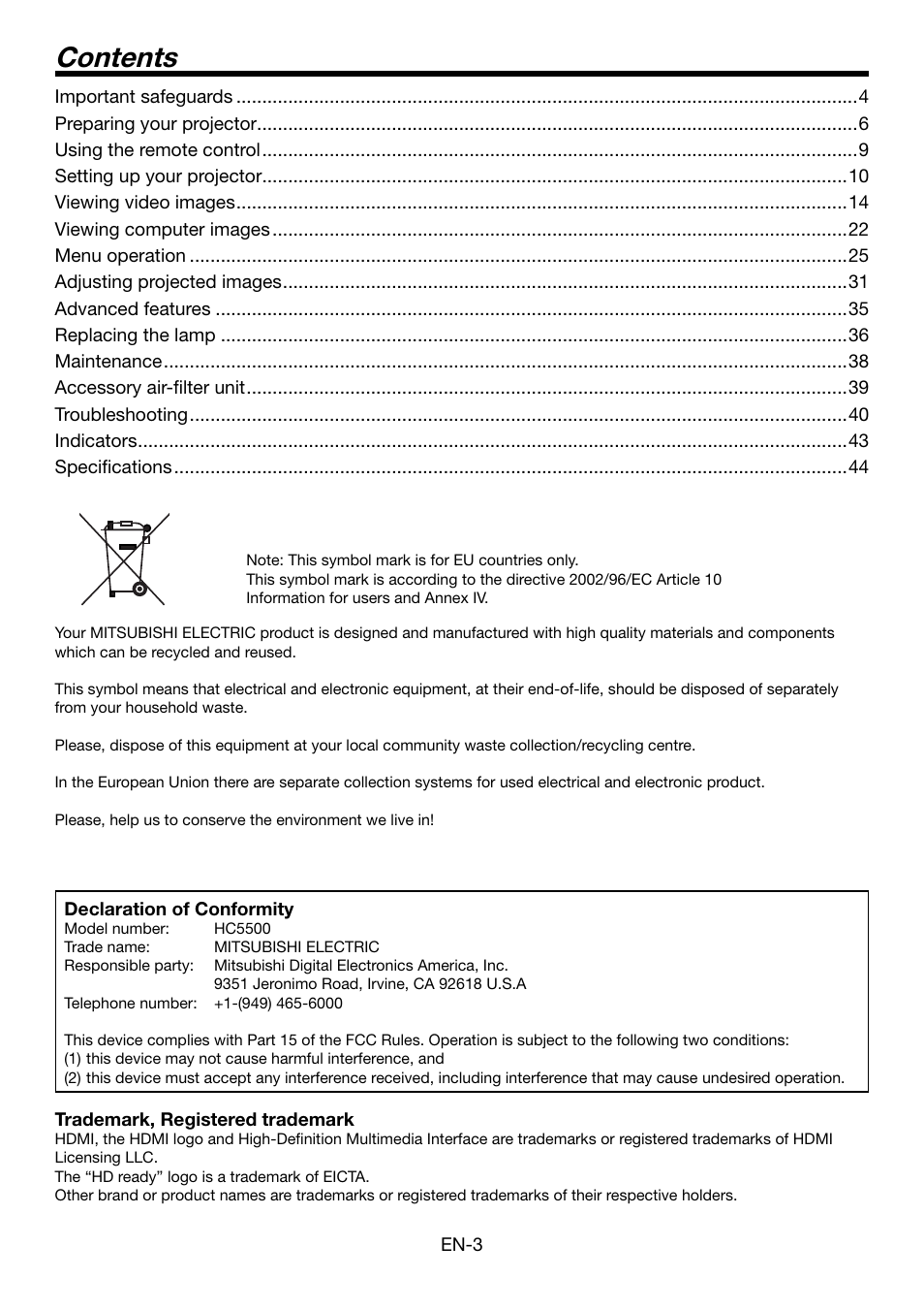 MITSUBISHI ELECTRIC HC5500 User Manual | Page 3 / 47