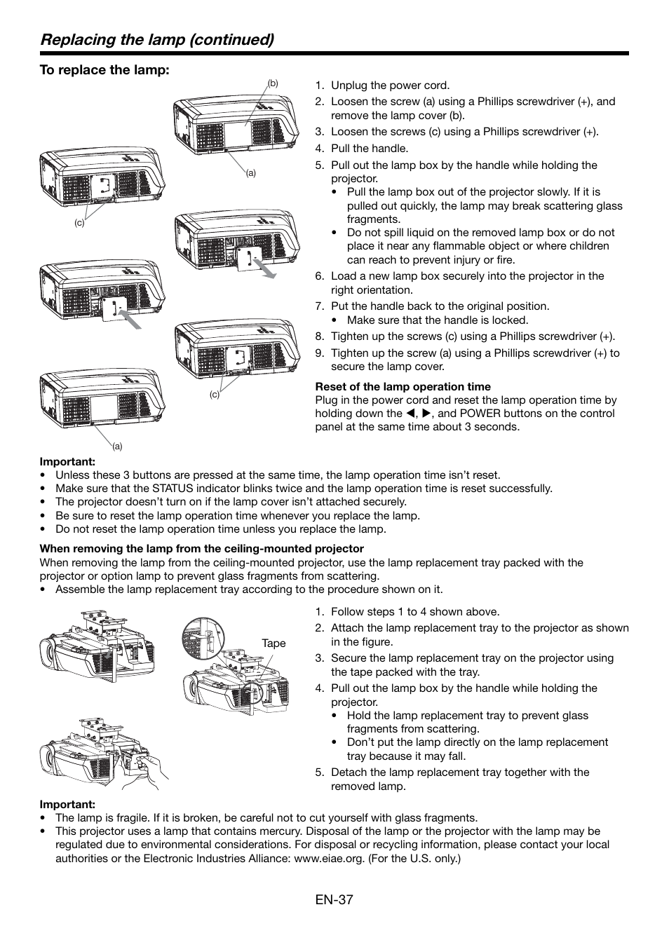 Replacing the lamp (continued) | MITSUBISHI ELECTRIC HC5500 User Manual | Page 37 / 47