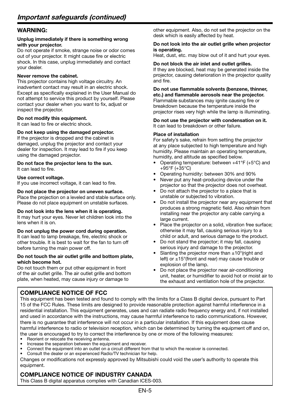 Important safeguards (continued) | MITSUBISHI ELECTRIC HC5500 User Manual | Page 5 / 47