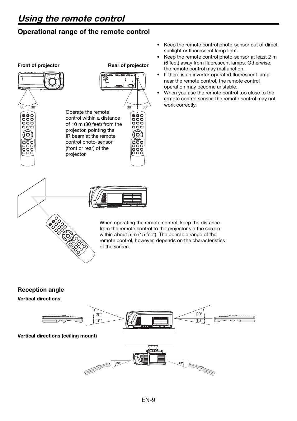 Using the remote control, Operational range of the remote control, En-9 | Reception angle | MITSUBISHI ELECTRIC HC5500 User Manual | Page 9 / 47