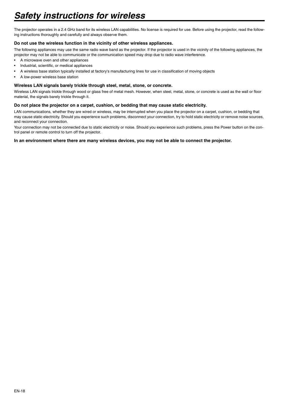 Safety instructions for wireless | MITSUBISHI ELECTRIC XD530U User Manual | Page 18 / 50