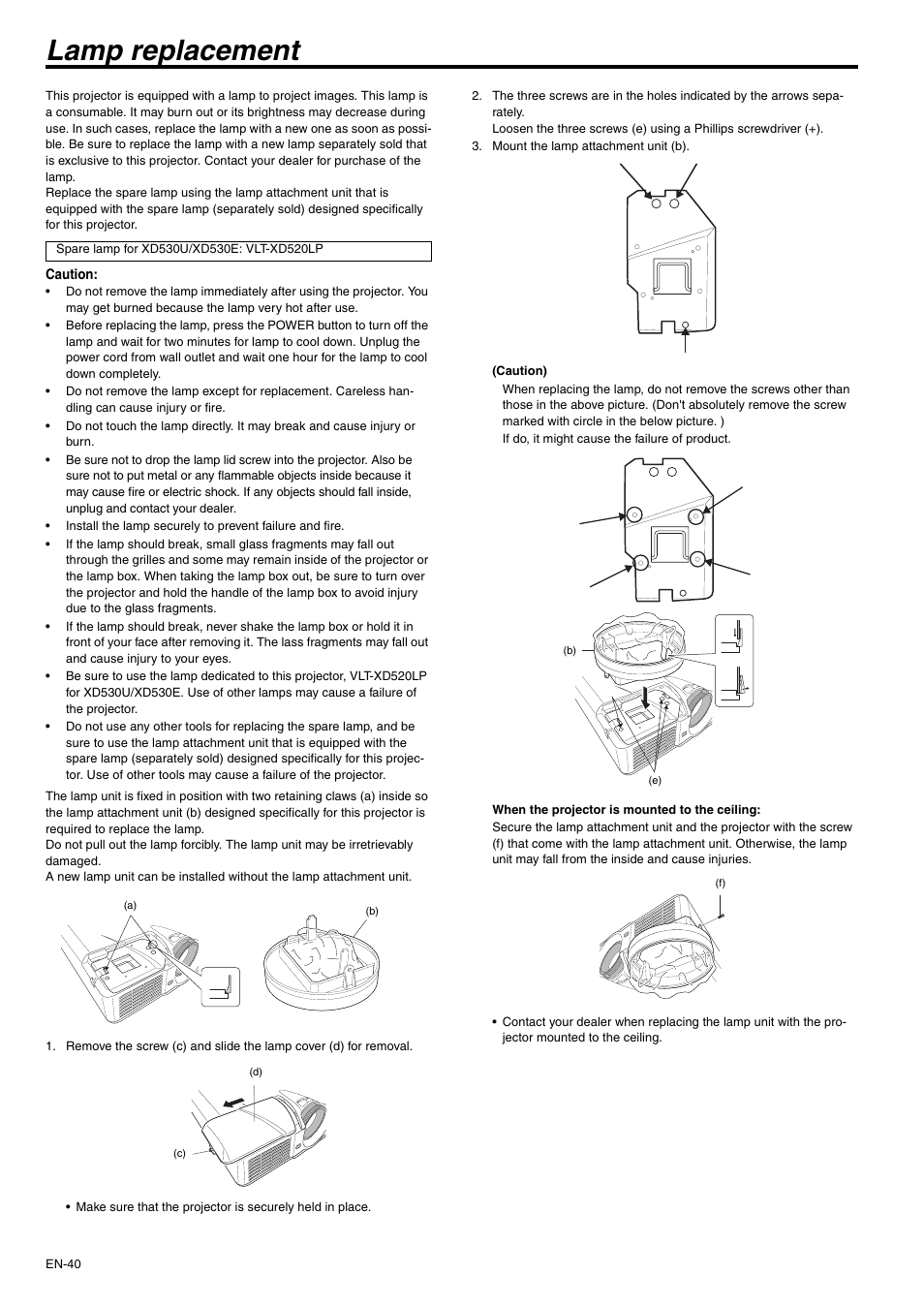 Lamp replacement | MITSUBISHI ELECTRIC XD530U User Manual | Page 40 / 50